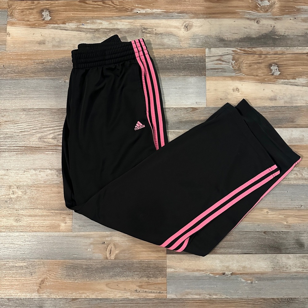 Adidas Womens Track Pants Black Pink 3 Stripe Wide Leg Athletic Trousers Large
